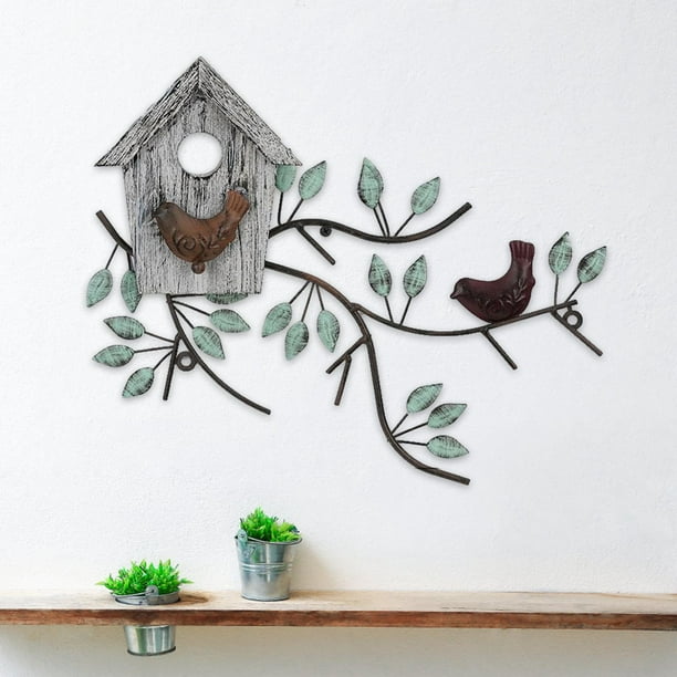 Birds Wall Decor Birdhouse Art Decorations Rustic Sculpture Leaf Branch  Ornament Gray 36cmx28cm 