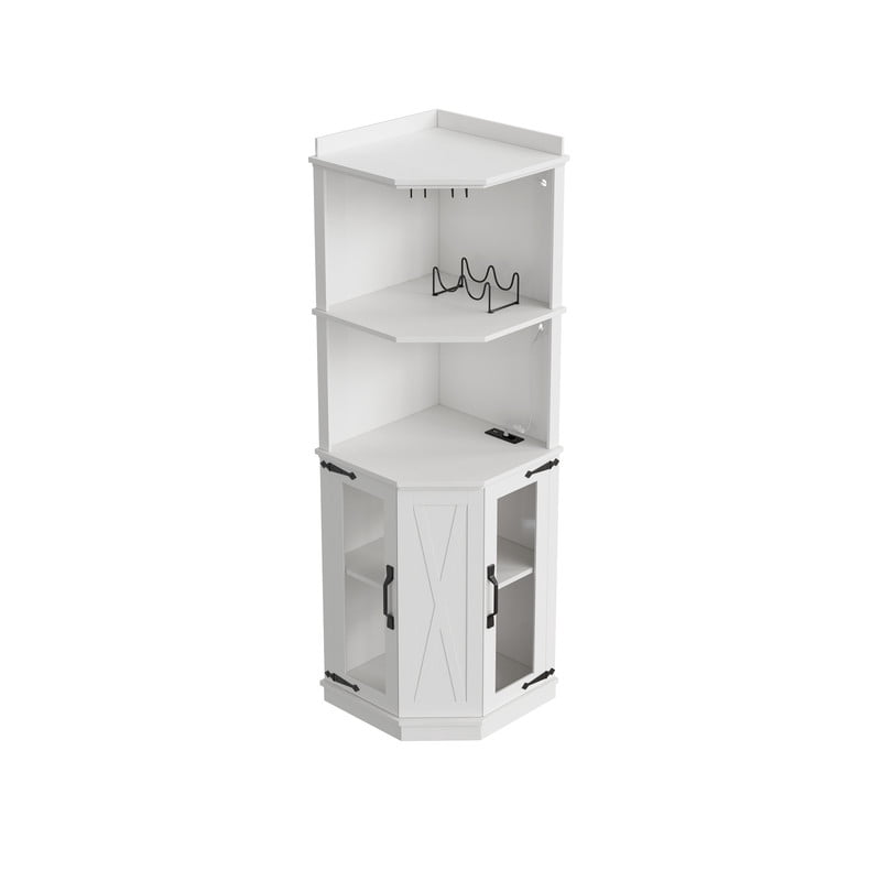 Triangular Corner Bar Cabinet with Power Outlet, Farmhouse Wine Storage Cabinet with Adjustable Shelves, LED Lights & Glass Rack