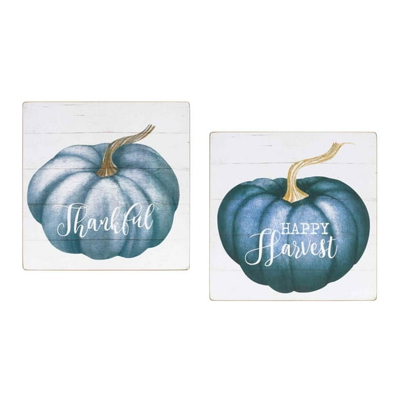 Melrose Pumpkin Fall Harvest Square Wall Signs - 16" - Blue and Ivory - Set of 4
