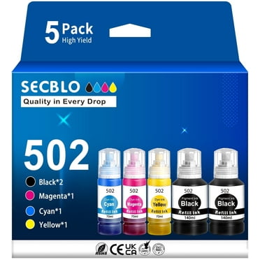 502 Ink Refill Bottle for Epson 502 T502 for EcoTank ET-4760 3850 Printer, 5 Pack