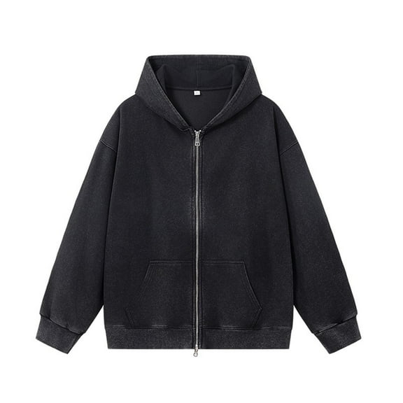 OGLCCG Men's Oversized Vintage Hoodie Zip Up Long Sleeve Hooded Sweatshirt with Pockets Acid Wash Streetwear Hoodies Jacket,L,Black