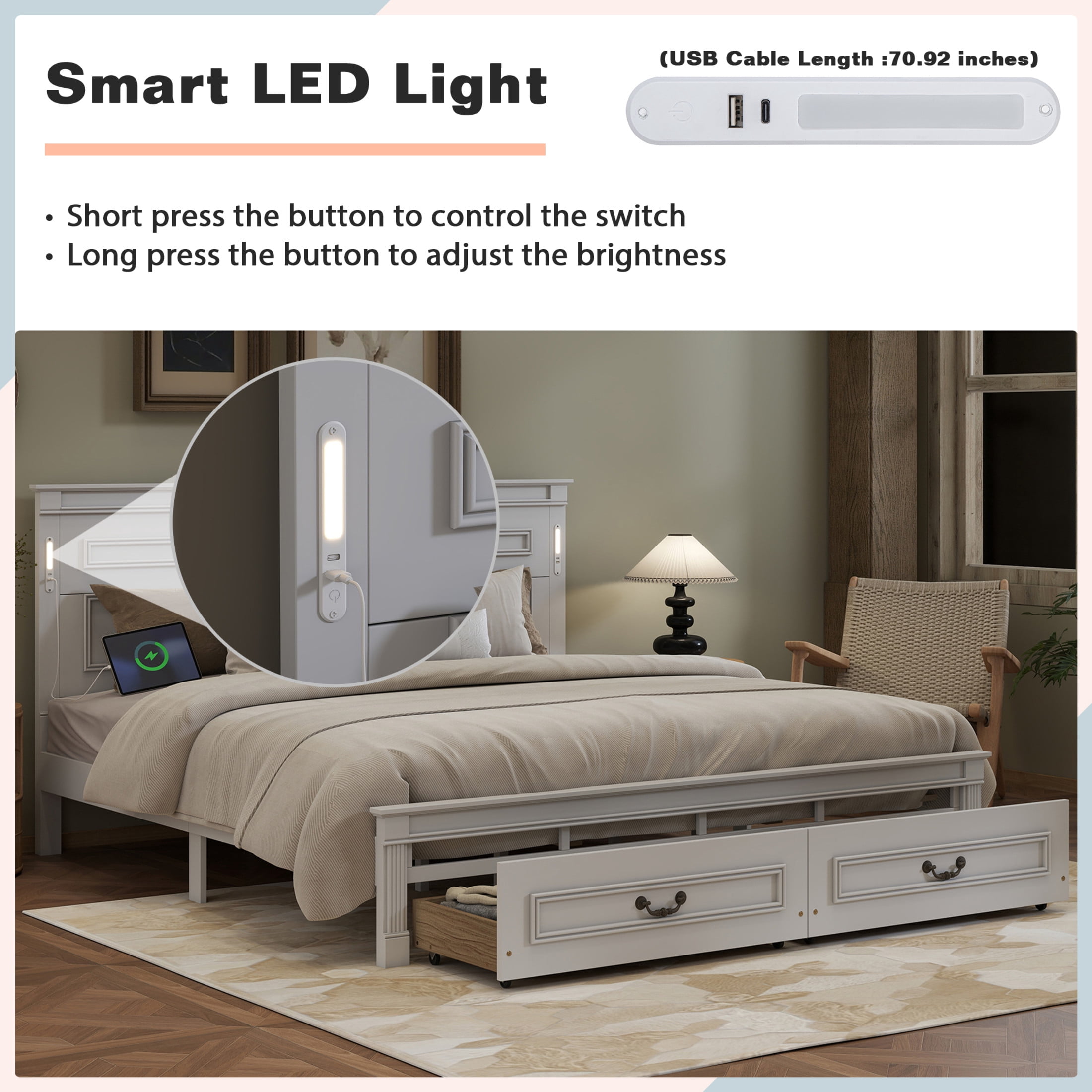 Noble House Corneille King Farmhouse Bed with LED Headboard, USB Charging Station, Storage Drawers, Pine Wood, White