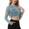 thumbnail image 4 of INSPIRAR CHIC Top Sheer de Mujeres para Halloween y Navidad con Brillo, Cuello Alto, Chaqueta Cortada, Color Azul Lago, 4 of 5