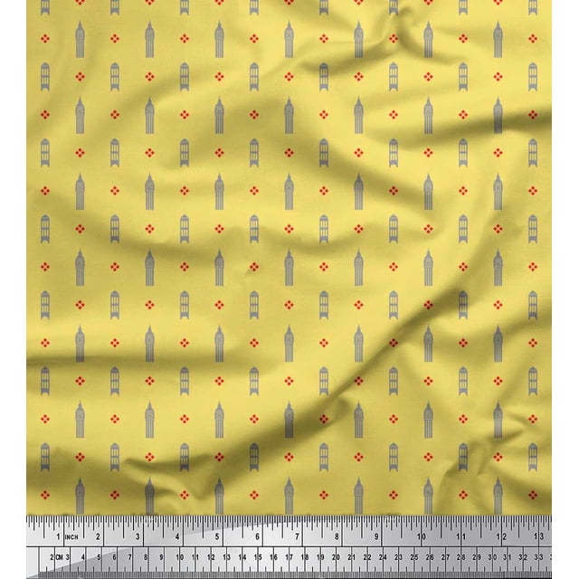 Soimoi Velvet Fabric Curve Diamond & Clock Tower Architectural Print Fabric by the Yard 58 Inch Wide