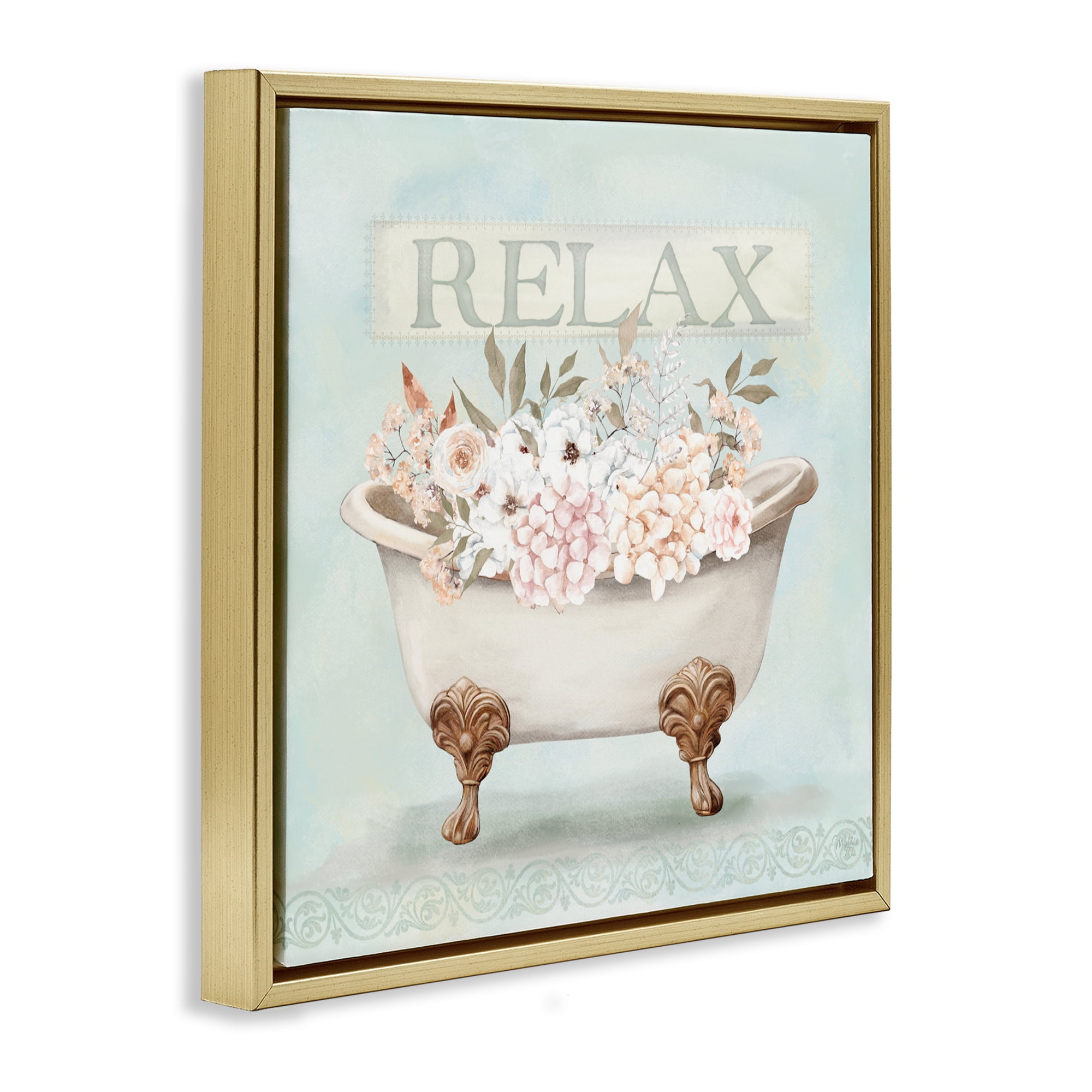 Stupell Industries Relax Floral Tub Gold Framed Floater Canvas Wall Art, design by Mollie B.