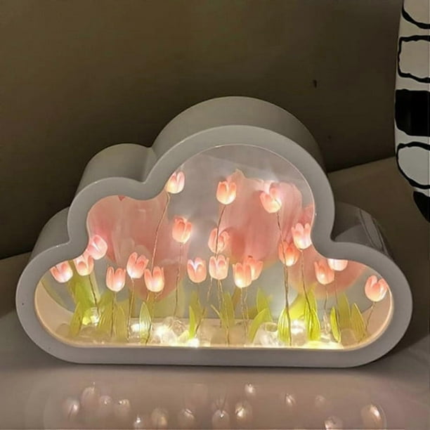DIY Tulip Night Light, Cloud Mirror Simulation Flower Bedroom Sleeping Table Lamp, Home Decoration, Room Decor for Teen Girls, Light (Pink)