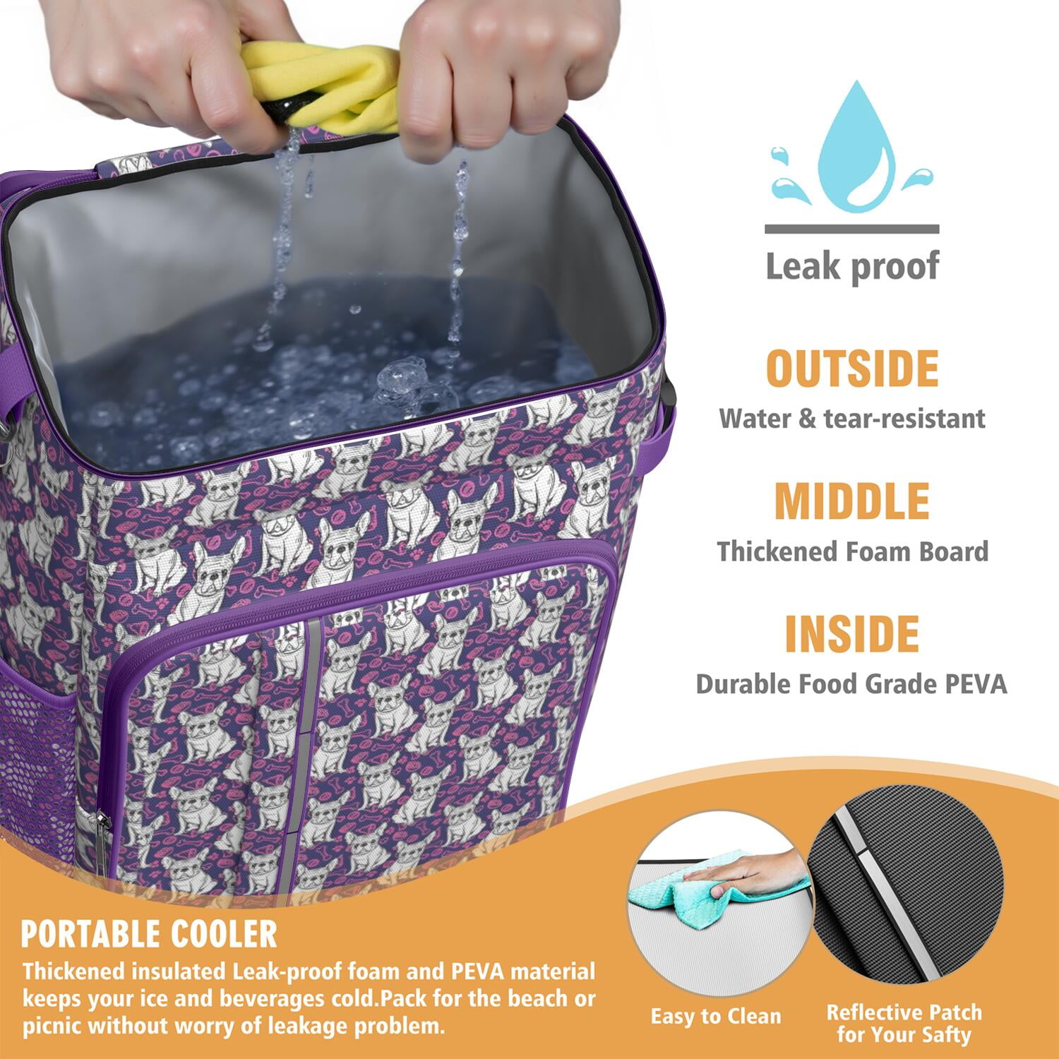 Travel Cooler Bag - Purple French Bulldog Camping Beer Cooler Backpack with Bottle Opener- Waterproof Insulated Picnic Backpacks - Cooler Bag for Beach