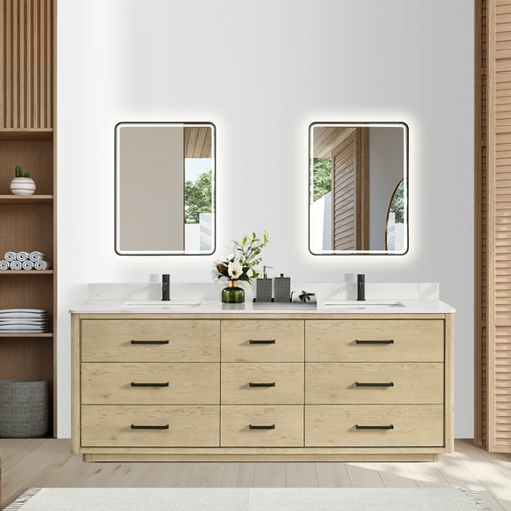Porto 84" Aged Natural Oak Double Bath Vanity with Fish Maw White Quartz Stone