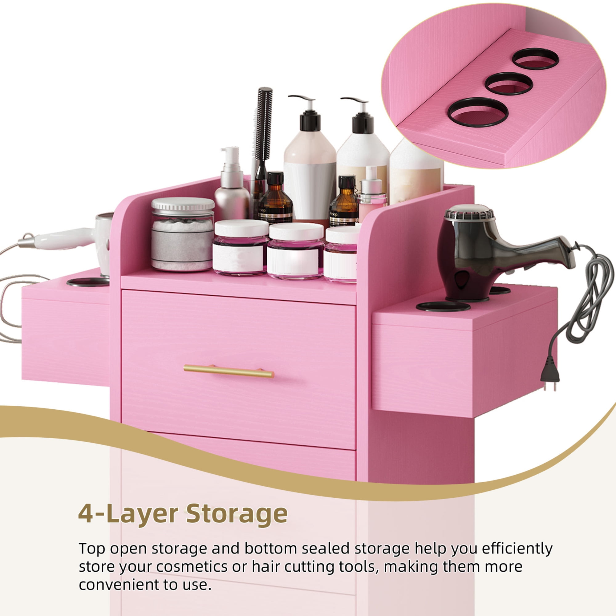 4 EVER WINNER Pink & Gold Barber Storage Cabinet with Gold Handles, Rolling Salon Station with 3 Drawers & 6 Tool Holders, Stylish Movable Cart for Hair Styling Tools