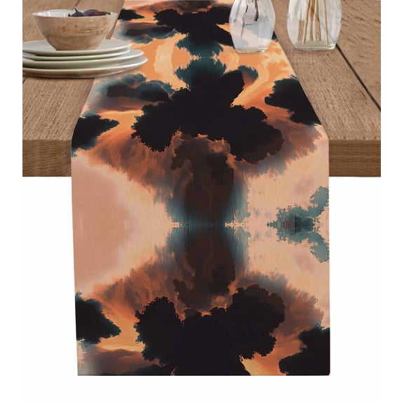 Orange Teal Black Table Runner 48 Inches, Contemporary Abstract Hazy Sense Bed Runner Dresser Scarves Tabletop for Indoor Outdoor Parties/Ceremony/Banquet, 13" x 48"