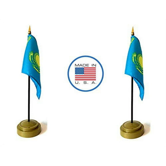 2 Kazakhstan Miniature Desk & Hand Waving Flags Set - Includes 2 Rayon 4"x6" Flags, 2 Bronze Stands, and 2 Mini Kazakhstan Stick Flags