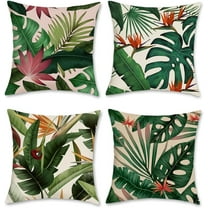 Tropical Leaves Throw Pillow Covers 18x18 Set of 4 Green Palm Leaf Monstera Botanical Pillows Case Polyester Linen Cushion Covers for Outdoor Couch Sofa Patio Decor