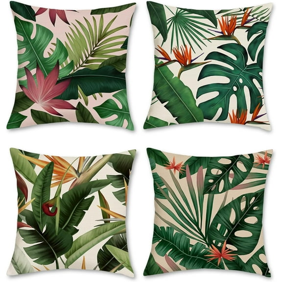 Tropical Leaves Throw Pillow Covers 18x18 Set of 4 Green Palm Leaf Monstera Botanical Pillows Case Polyester Linen Cushion Covers for Outdoor Couch Sofa Patio Decor