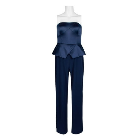 Adrianna Papell Strapless Popover Zipper Back Satin Stretch Crepe Jumpsuit-LIGHT NAVY