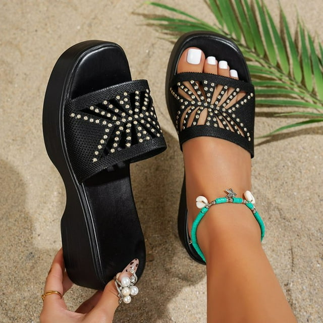 Apmemiss Liquidation Mode Décontractée Printemps et Été Plage Bouche de Poisson Bout Ouvert Talon Compensé Polyvalent Strass Chaussons à Semelles Épaisses Cadeaux de Noël pour Maman