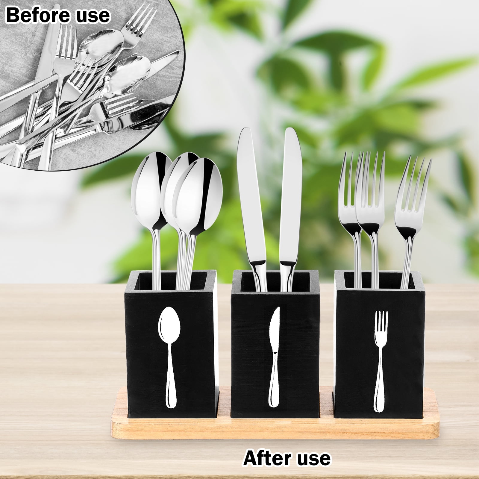 Tzdxfgl Wood Utensil Holder for Kitchen Counter, 3 Compartments Silverware Organizer Caddy, Black