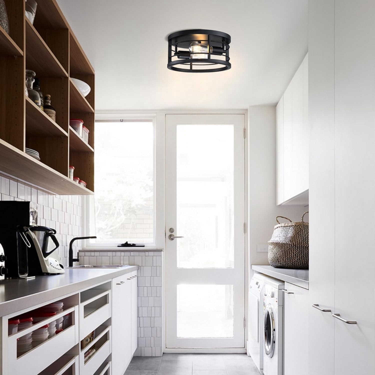12"W 2-Light Flush Mount Ceiling Light Fixture, Industrial Vintage Ceiling Light for Kitchen Bedroom, Matte Black