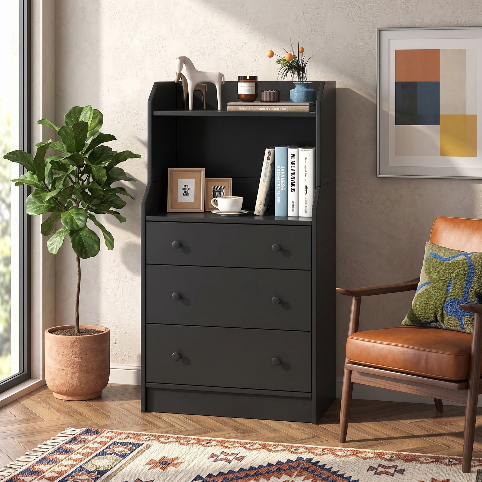 Furnibear 3-Drawer Storage Dresser with Open Display Shelves and Anti-Toppling Device for Bedroom Nursery and Entryway, Black