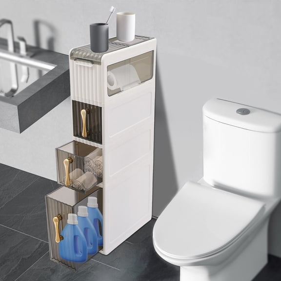4-Tier Bathroom Floor Cabinet, 7.48-inch Slim PP Storage Organizer with Drawers and Flip Covers, for Toilet Paper and Toiletries in Small Spaces