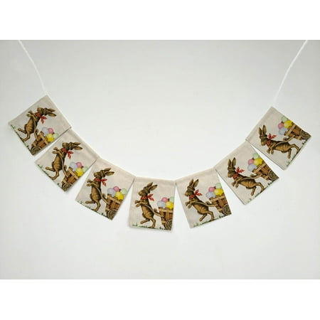 Easter Bunny Bunting - YKCG Happy Easter Vintage Easter Bunny Pulling a Cart with Eggs Banner Bunting Garland Flag Sign for Home Family Party Decoration