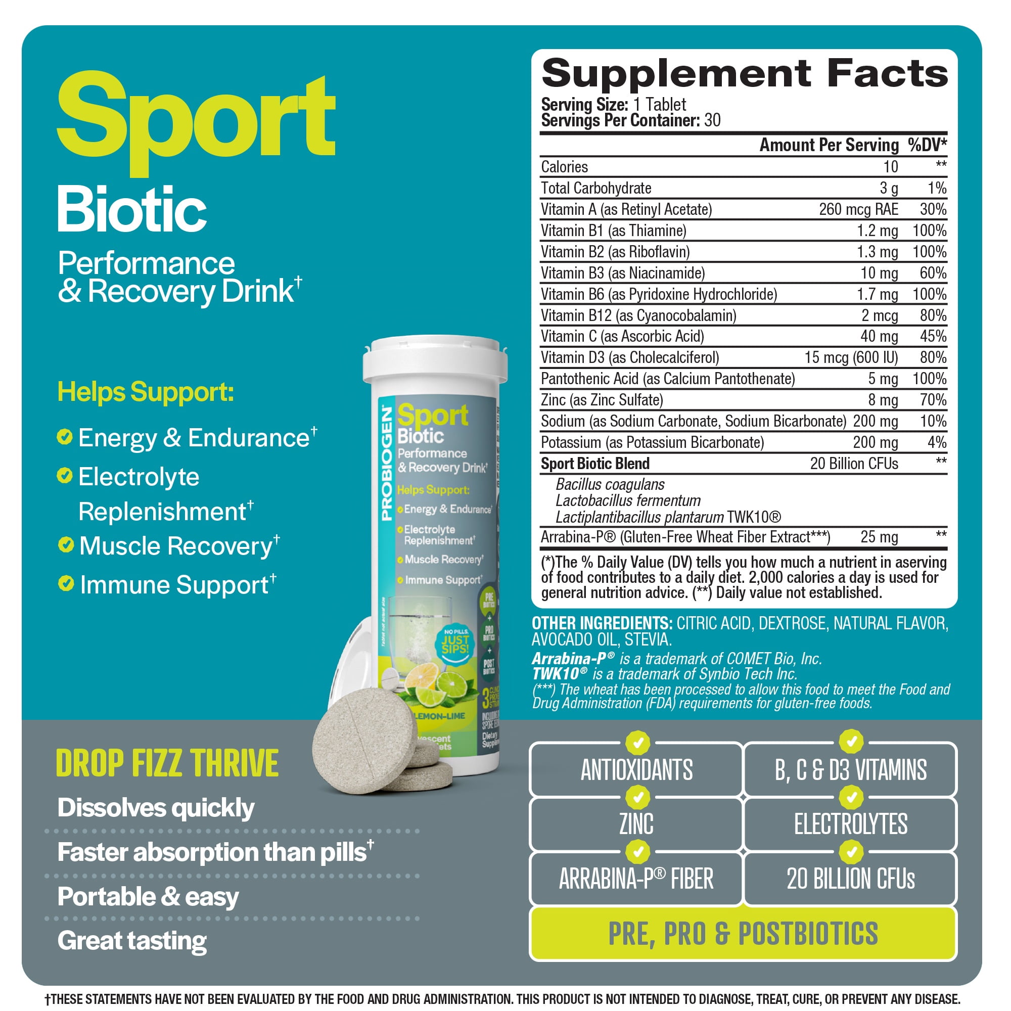 Probiogen Sport Biotic Performance & Recovery Drink 30 Count, For Energy Endurance & Recovery