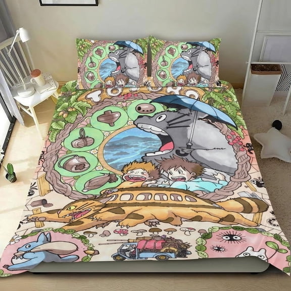 Cartoon 3 Piece Bedding Set My Neighbor Totoro Comforter Set Cute Duvet Cover Sets Super Soft Girls Bedding Set Kids Bedroom Gifts,1 Duvet Cover with 2 Pillowcases Twin