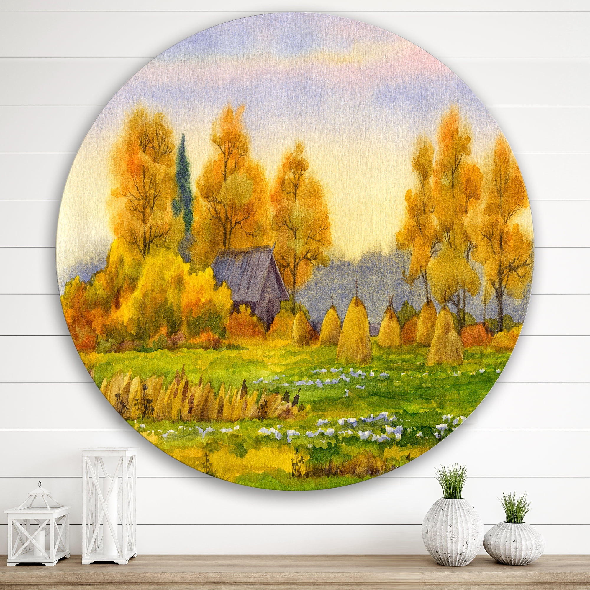Designart 'Orange Fields With Haystacks II' Lake House Circle Metal Wall Art 29x29 - Disc of 29