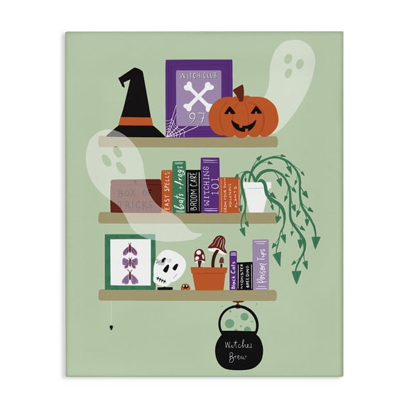 Stupell Industries Witchy Halloween Bookshelf Holiday Painting Wrapped Canvas Canvas Art Print Wall Art, 16 x 20