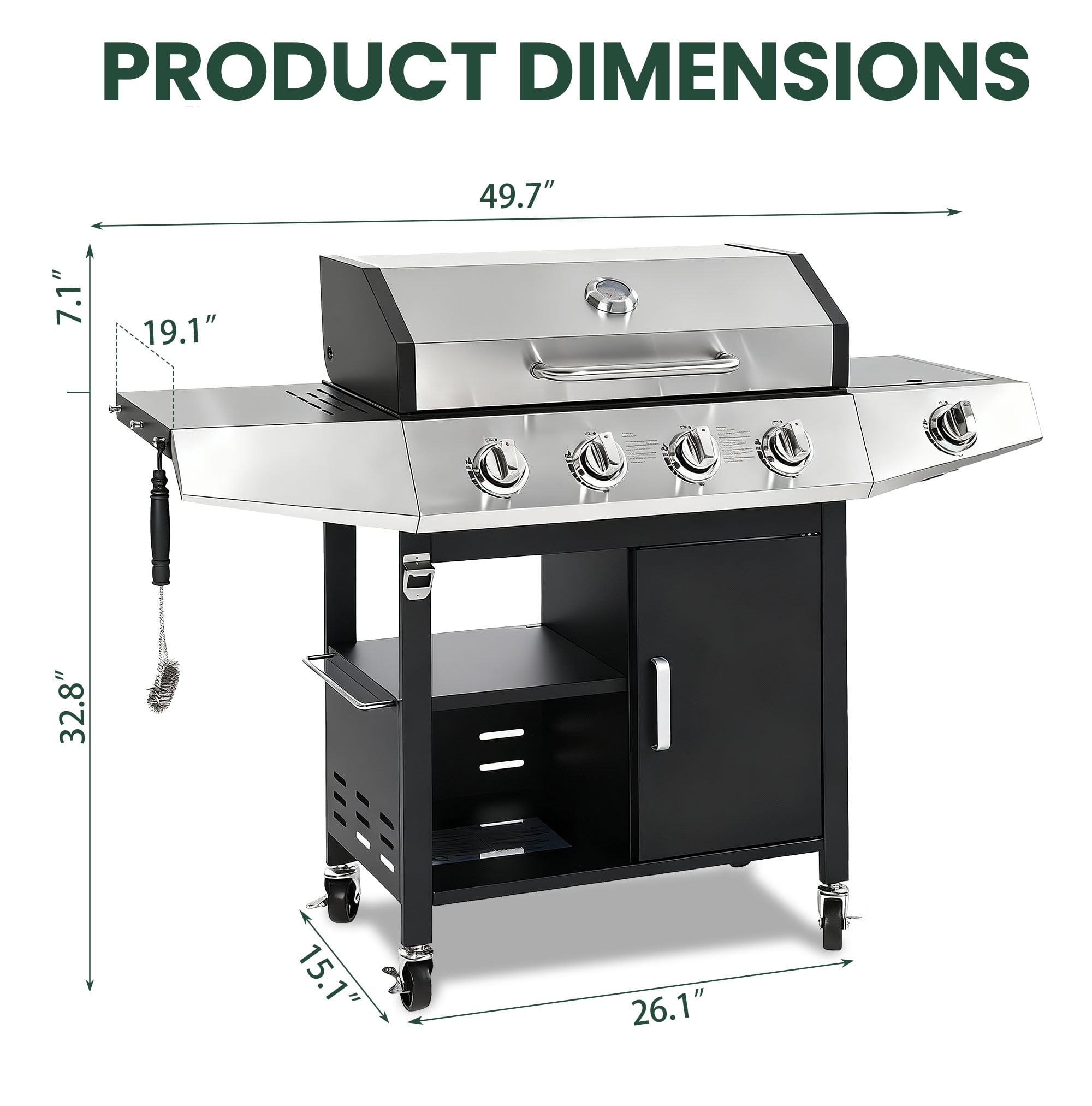 4-Burner BBQ Grill W/Side Burner, 50,000BTU Gas Propane Grill Portable with Storage Cabinet, Heavy-Duty Stainless Steel Outdoor Cooking, with Tank Hook, Towel Rack, Steel Brush