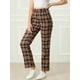 thumbnail image 4 of Pantalones a cuadros casuales para mujer, bolsillos, pierna recta, trabajo, oficina, pantalones Rojo marrón XL, 4 of 6