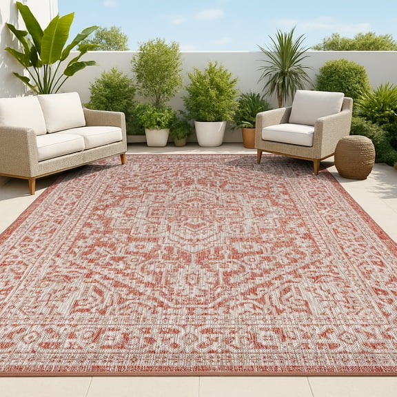 JONATHAN Y SMB101A-5 Sinjuri Medallion Textured Weave Red/Taupe 5 ft. x 8 ft. Indoor/Outdoor Area Rug, Coastal, Pet Friendly, Stain Resistant, Easy to Clean, for Patio, Living Room; Kitchen, Bedroom