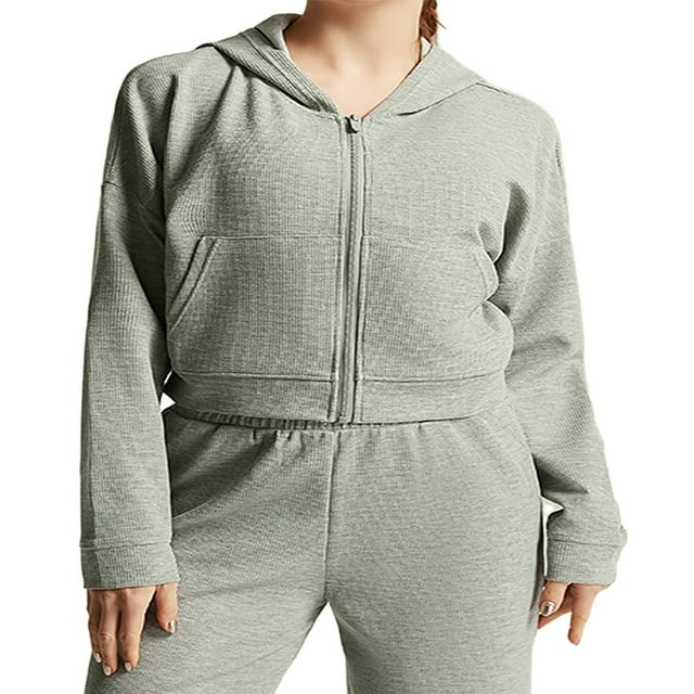 Women Waffle Workout Sports Jackets Solid Color Zip Yoga Track Hoodies