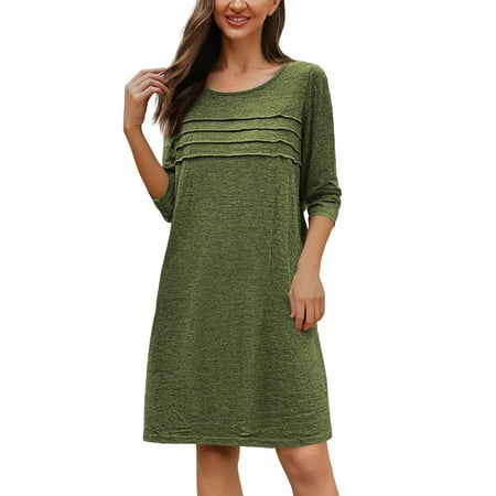 DGMIOCS Women s Versatile Dress for Spring Autumn Classic Round Neck Long Sleeve with Pleated Detail Ideal for Daily and Casual Wear Green XL