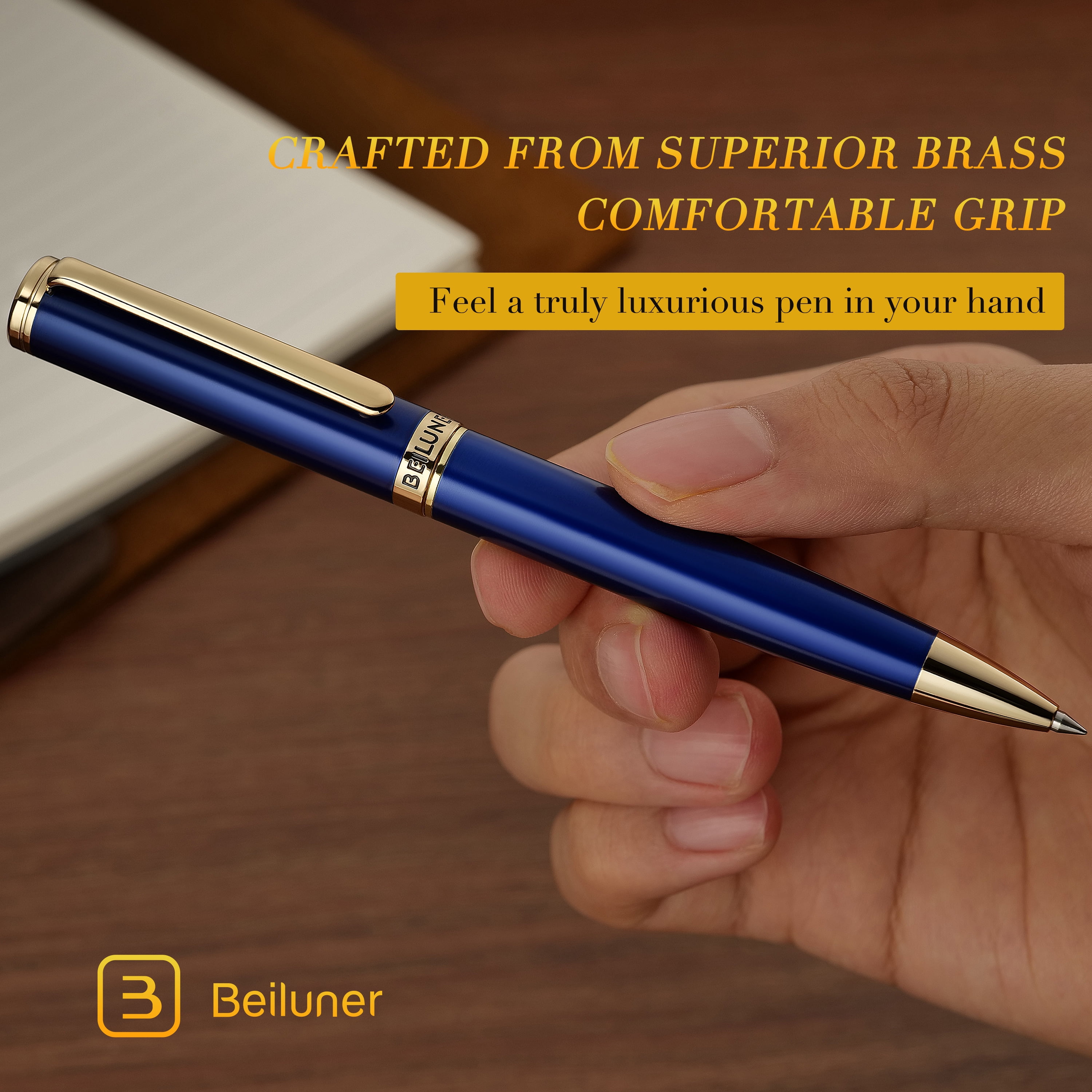 BEILUNER Luxury Gel Pens,Klein Blue Pen Barrel with 24K Gold Finish,Classic Leather Box-Best Pen Gift Set for Men & Women Professional, Executive, Office, Retractable Nice Fancy Designer Pens