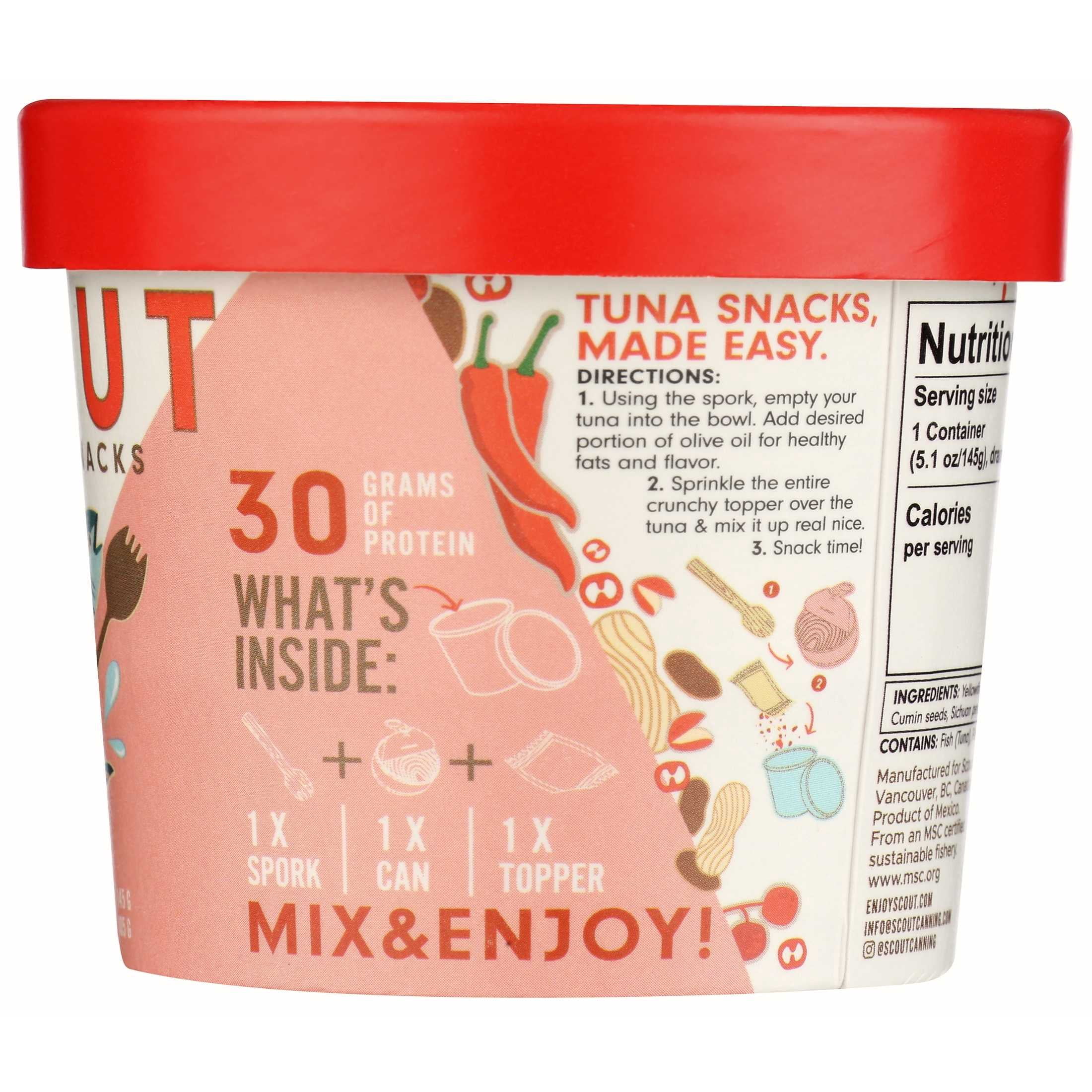 (4 pack) Scout Tuna Snack Kit, Chili Crisp, Wild Yellowfin Tuna + Crunchy Mix-in for 30g of Protein on the Go with Spork, 5.1oz Cup