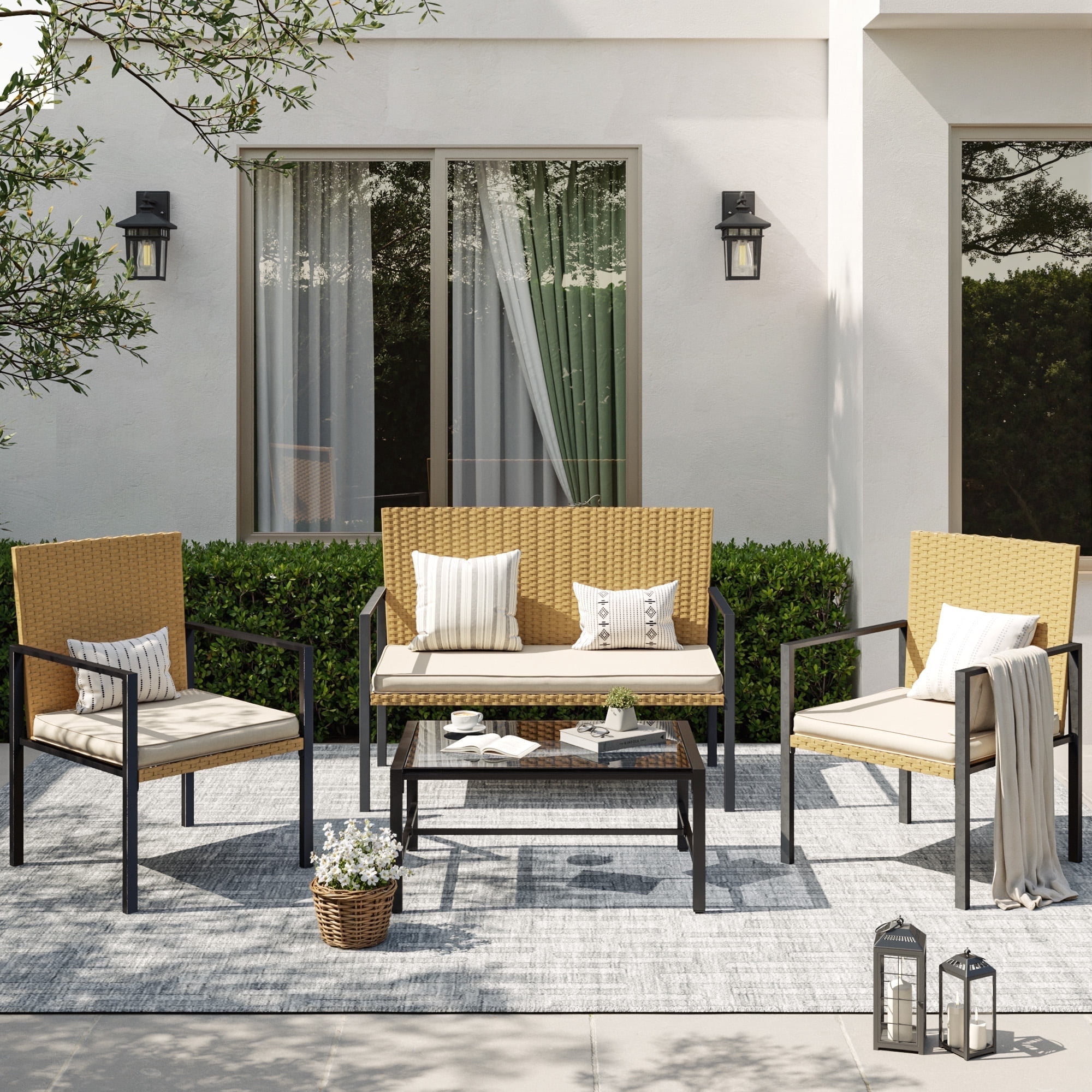 ELPOSUN Patio Furniture Sets for 4, 4 Pieces Patio Comversation Set with Glass Coffee Table,for Backyard Balcony Lawn Pool,Yellow/Beige