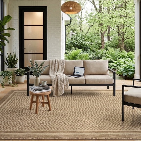 SIXHOME Outdoor Rugs 5'x7', Farmhouse Bordered Patio Rug, Indoor Outdoor Polypropylene Weave Textured Carpet, Water-Resistant, Quick-Dry Rug for Porch, Balcony, RV, Garden, Neutral Brown