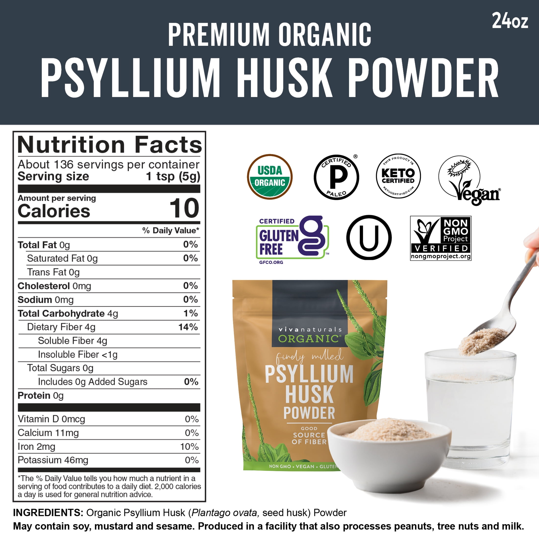 Viva Naturals Organic Psyllium Husk Powder, 24 oz-Finely Ground, Unflavored, Gluten-Free, Vegan, Keto and Paleo