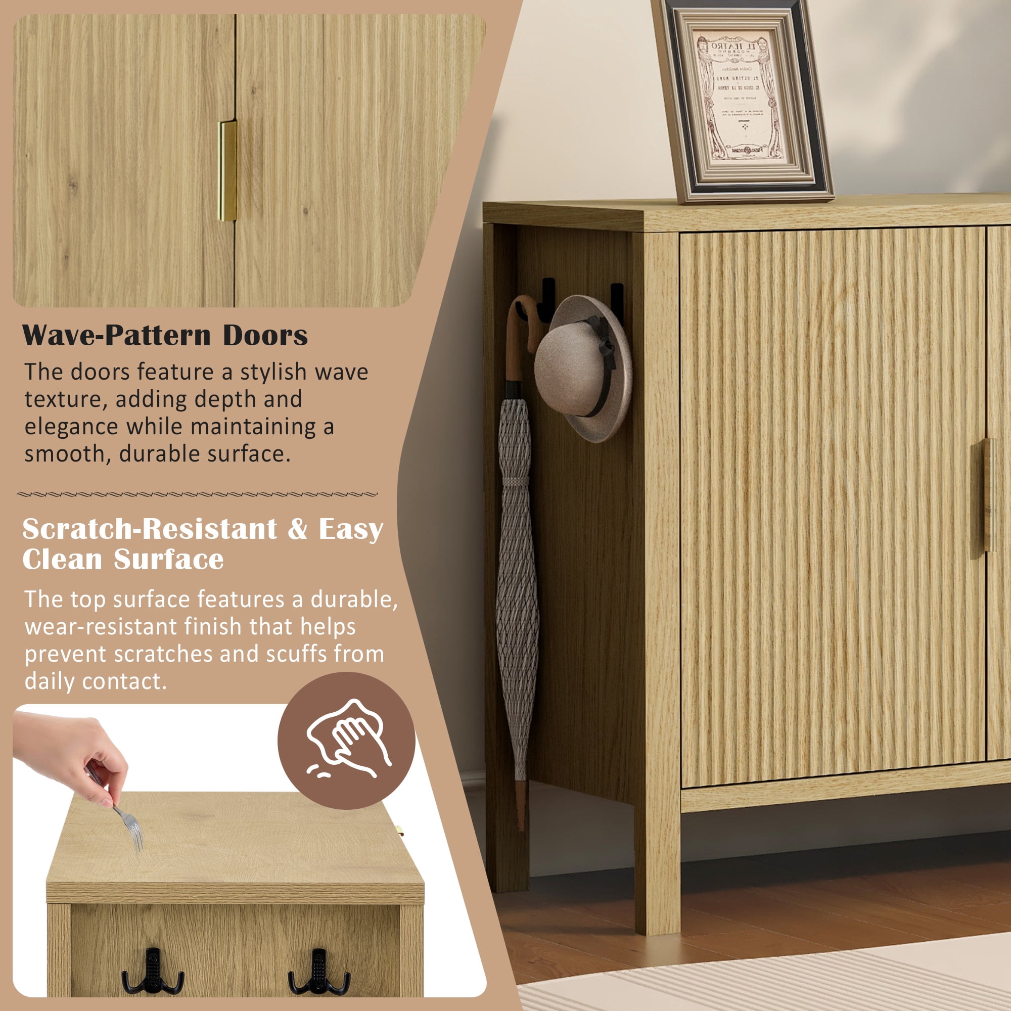 Sideboard with 3 Drawers, Large Storage Buffet Cabinet with Hooks and Extra Center Leg, Suitable for Living Room, Entryway, Hallway