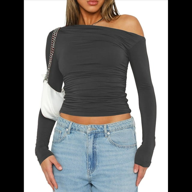 Blusa Informal de Larga con Cuello y Hombros Descubiertos para Mujer, Ajustada, para Salir, Estilo Y2K Gris Oscuro L
