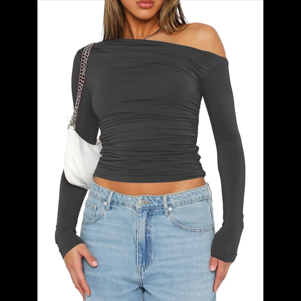 Blusa Informal de Larga con Cuello y Hombros Descubiertos para Mujer, Ajustada, para Salir, Estilo Y2K Gris Oscuro M