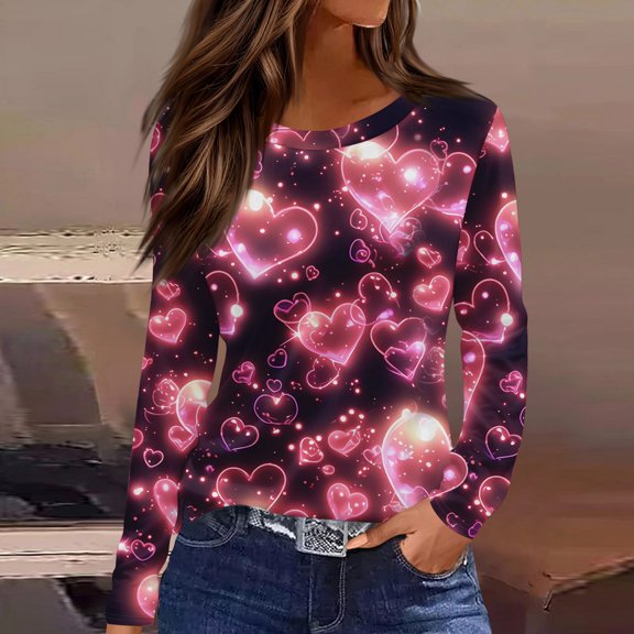 Iaqnaocc Valentines Shirt for Women Long Sleeve Plus Size Funny Love Heart Print Tee Tops Soft Crew Neck Shirts Comfy 2026 Fall Tshirt Top Deep Red XXL