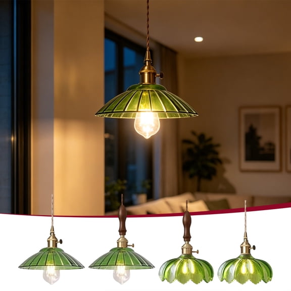 Vintage Green Flower Glass Pendant Light, Plug in Lighting Modern Green Glass Shade Farmhouse Adjustable Hanging Light Fixtures for Kitchen Island Living Room Bedroom Hallway