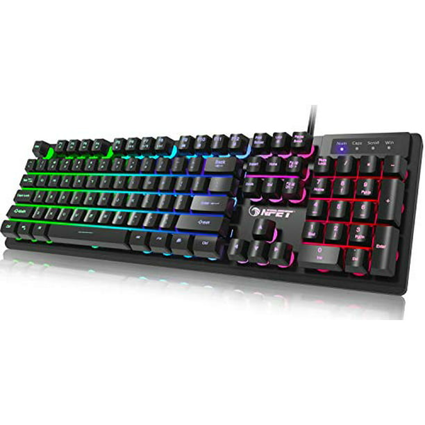 NPET K10 Gaming Keyboard USB Wired Floating Keyboard, Quiet Ergonomic  Water-Resistant Mechanical Feeling Keyboard, Ultra-Slim Rainbow LED Backlit  