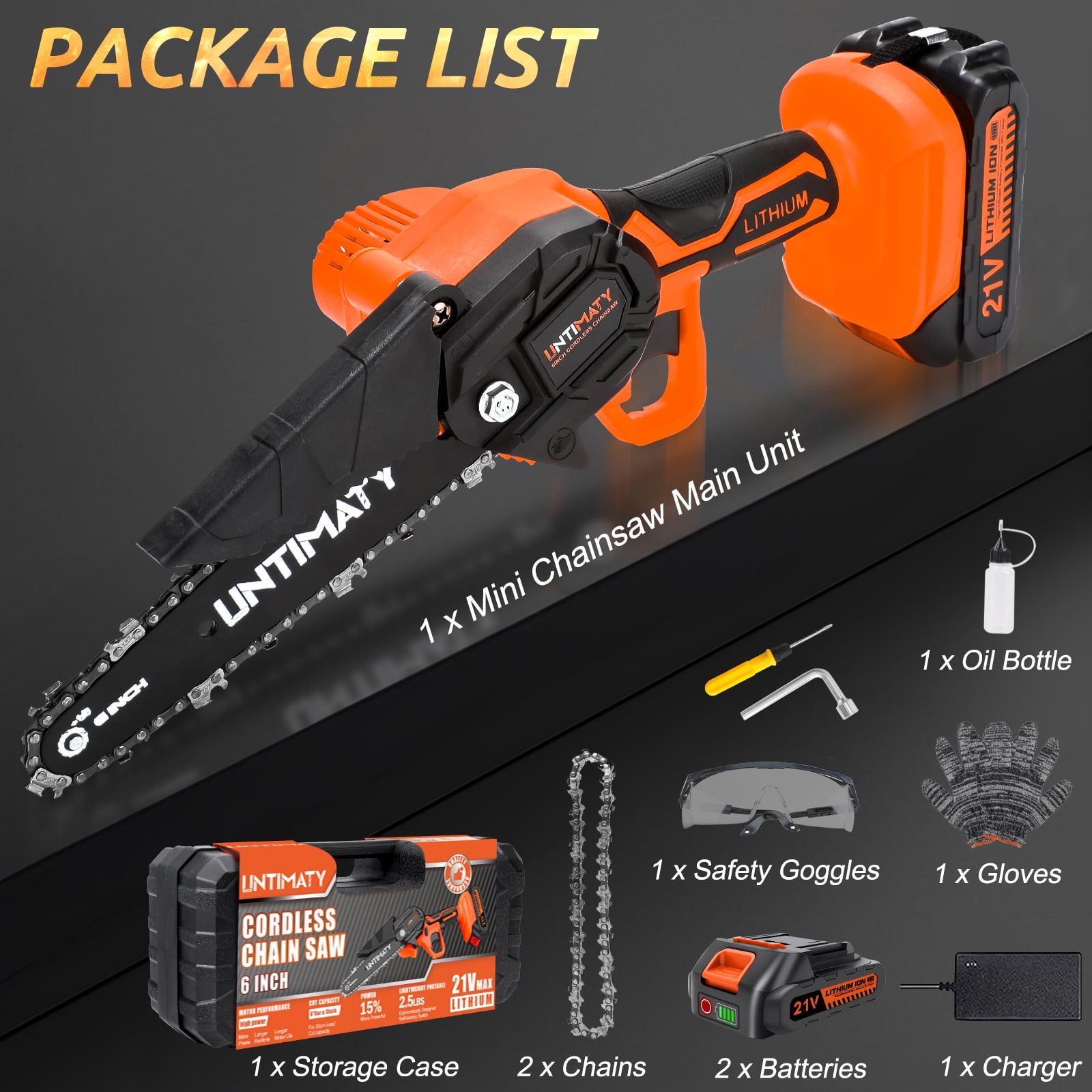 UNTIMATY 6 inch Mini Chainsaw with 2 Batteries and Case Cordless Electric Handheld Chain Saw Battery Powered for Wood and Tree Branches, Orange