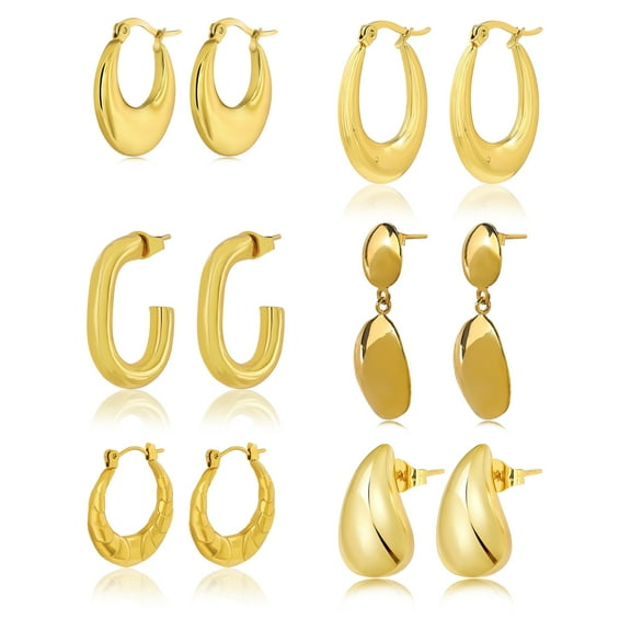 JeenMata 6 Pairs Fashion MultiPack Earrings Set for Women in Yellow Gold Plating, Hoop Earrings, Chunky, Lightweight Drop Hypoallergenic Earrings Jewelry Gift for Women