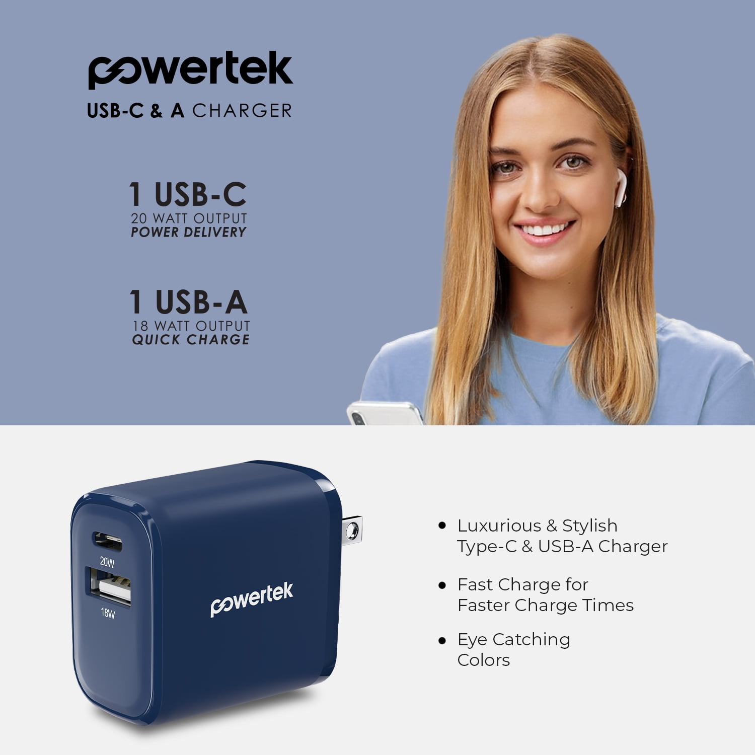 Liquipel Powertek Two Tone 20W Combo Wall Charger - Blue