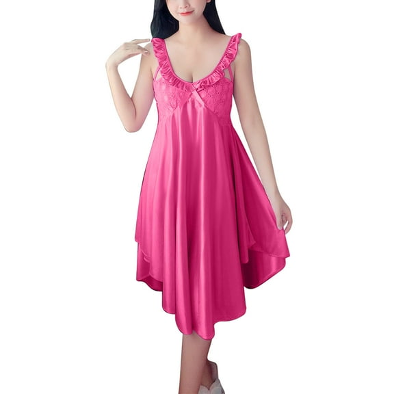 Tnhcen Women's Sexy V-Neck Nightgown Sleeveless Dress Free Size 100% Ice Silk Sleepwear Solid Color Multiple Colors Available Hot Pink