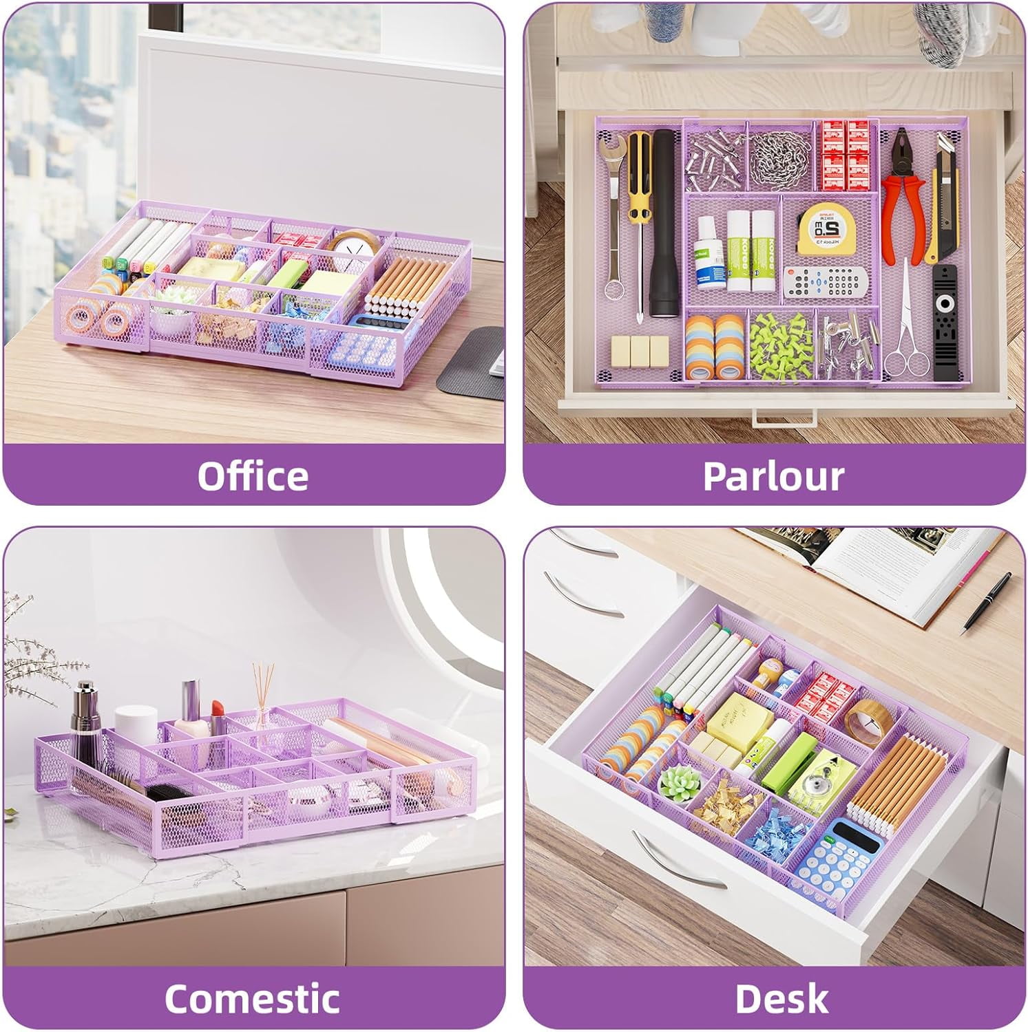 Expandable Desk Drawer Organizer, Mesh Drawer Organizer Tray with 10 Adjustable Compartments, Desk Organizers and Accessories for Office Supplies, Makeup & Vanity (Expandable-Purple 2 pack)