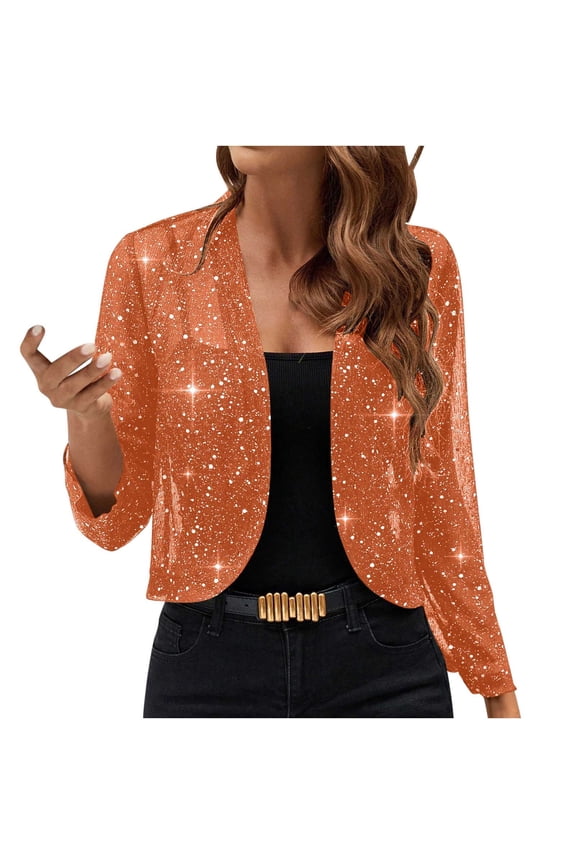 Womens Crop Sequin Jacket Mesh Thin Elegant Long Sleeve Cardigan Fashion Glitter Evening Party Blazer Shrugs 2026 Orange,L